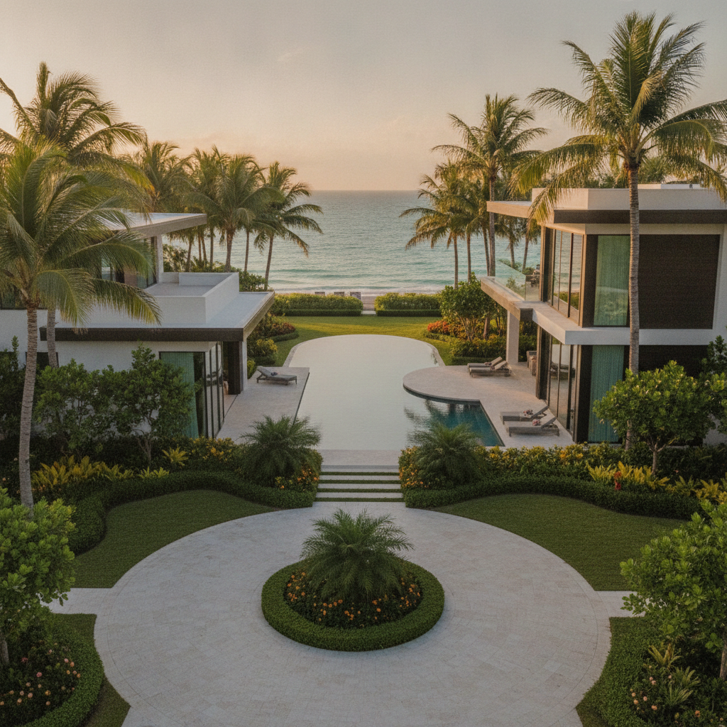 a modern luxury home in a Florida coastal setting with lush landscaping and a well-maintained exterior representing high-value homestead property — florida homestead exemption