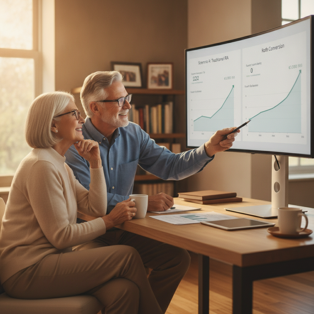 a clean side-by-side comparison chart showing a retiree couple at a desk reviewing two different tax projection scenarios on a large monitor — roth conversion