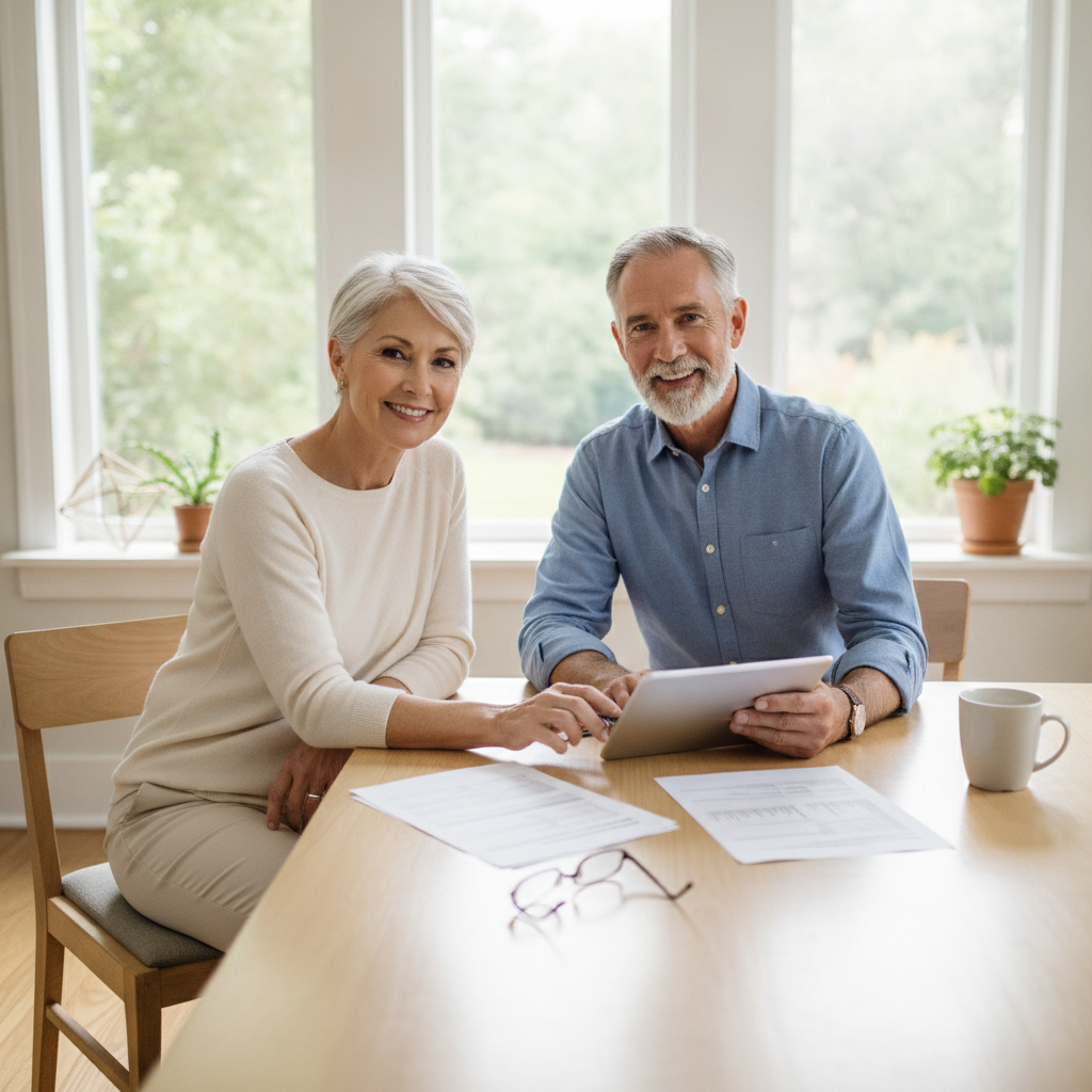 a confident retired couple in their early 60s reviewing financial documents at a bright, modern home office with large windows — roth conversion