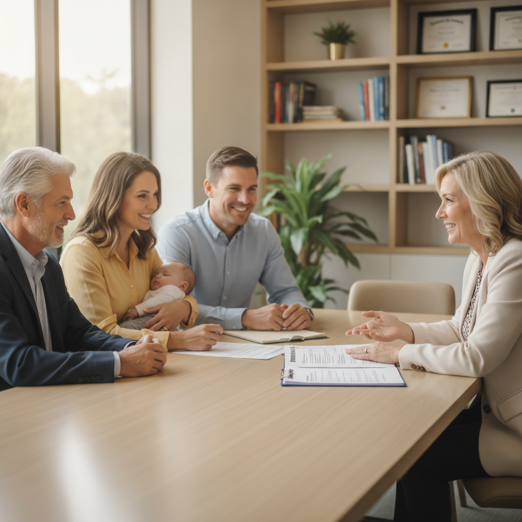 a multigenerational family meeting with a financial advisor in a bright professional office reviewing estate planning documents — roth conversion