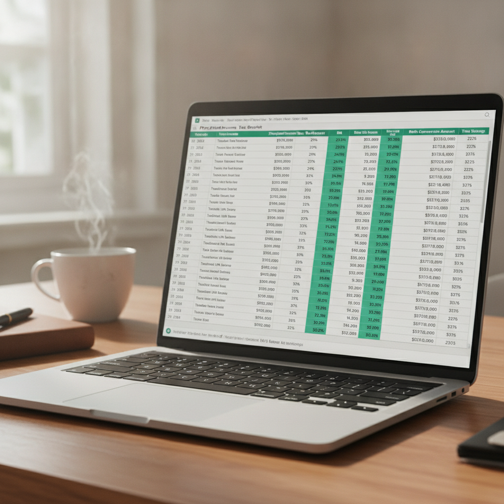 a detailed financial planning spreadsheet on a laptop screen showing multiple years of projected income tax brackets and Roth conversion amounts highlighted in green — roth conversion