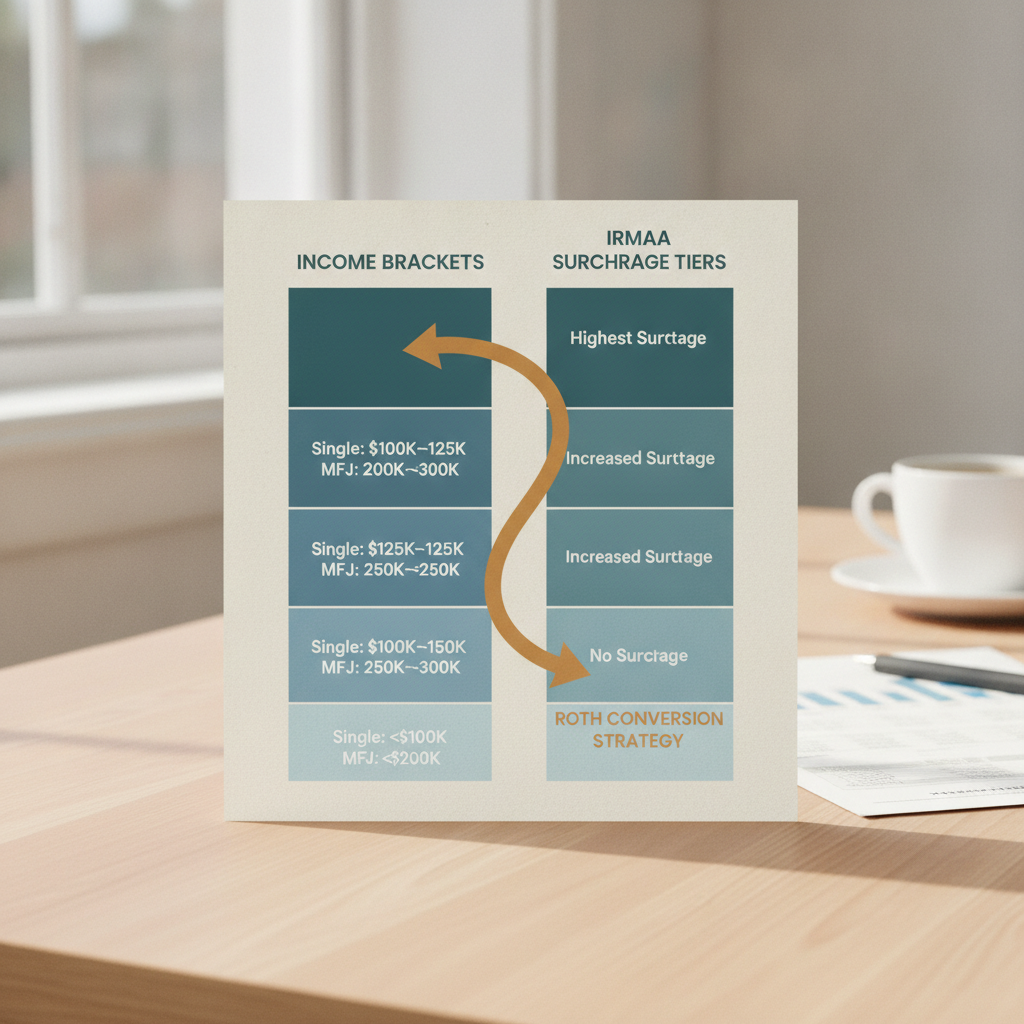 a clear infographic-style diagram showing income brackets and IRMAA surcharge tiers side by side with a Roth conversion arrow pointing toward the lower-cost zone — roth conversion