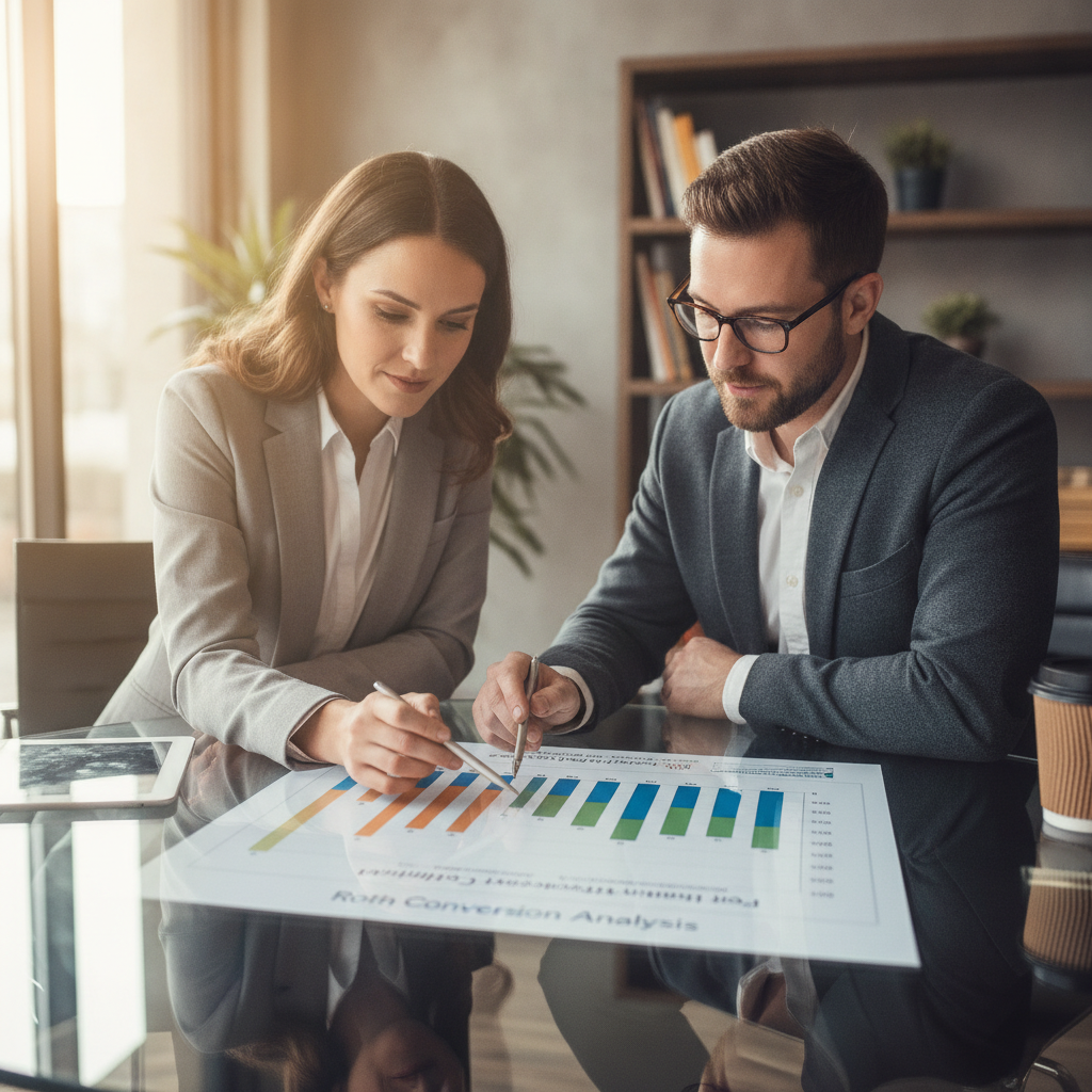 a financial advisor and client sitting across from each other at a glass conference table reviewing a multi-year tax projection chart with colored bar graphs — roth conversion