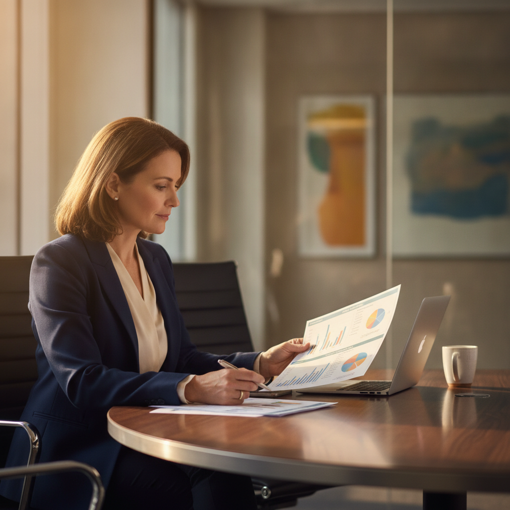 a confident executive seated at a modern conference table reviewing a multi-page financial plan document with charts and graphs visible — cost for financial advisor