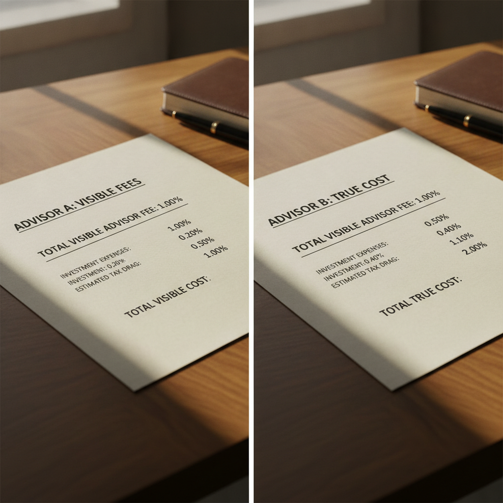 a side-by-side visual comparison of two portfolio statements showing the difference between total visible fees and total cost including fund expenses and tax drag — cost for financial advisor