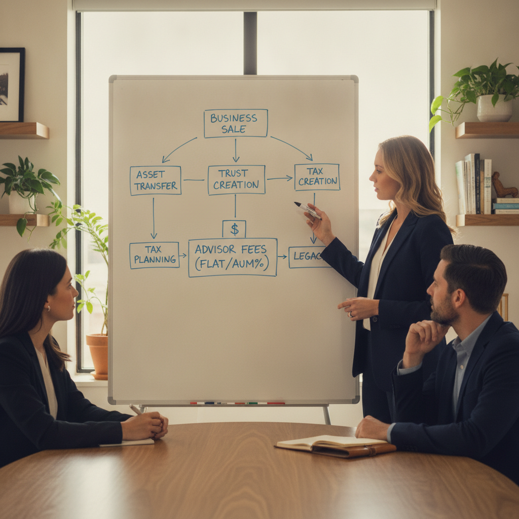 a financial advisor at a whiteboard walking two business owner clients through a business transition and estate coordination plan with a flowchart diagram — cost for financial advisor