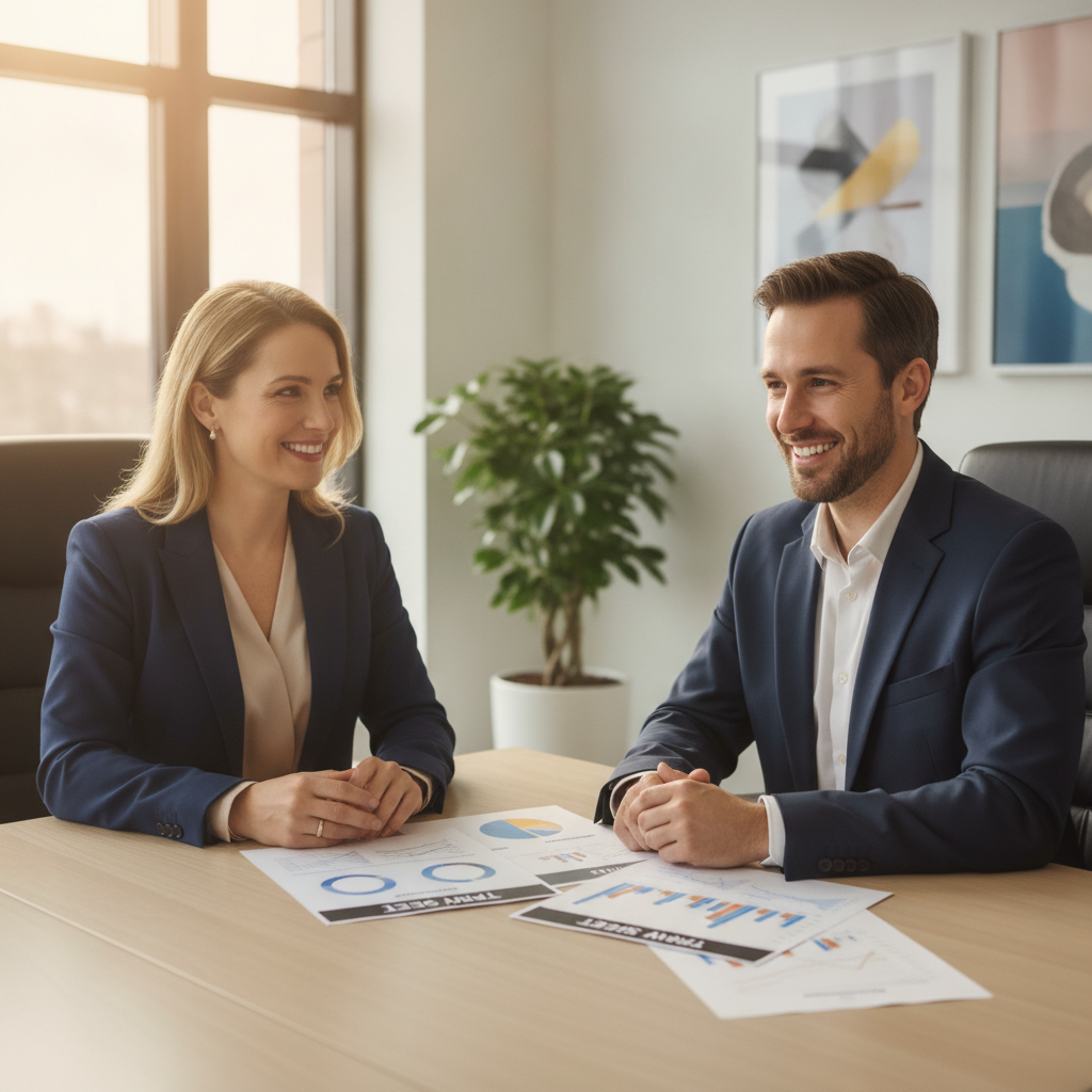 a confident business owner in a modern office reviewing financial documents and a term sheet with an advisor across a clean conference table — business exit planning
