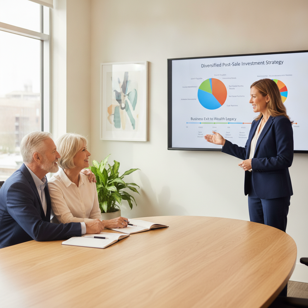 a financial advisor presenting a diversified post-sale investment strategy on a large screen to a recently retired business owner couple in a professional meeting room — business exit planning