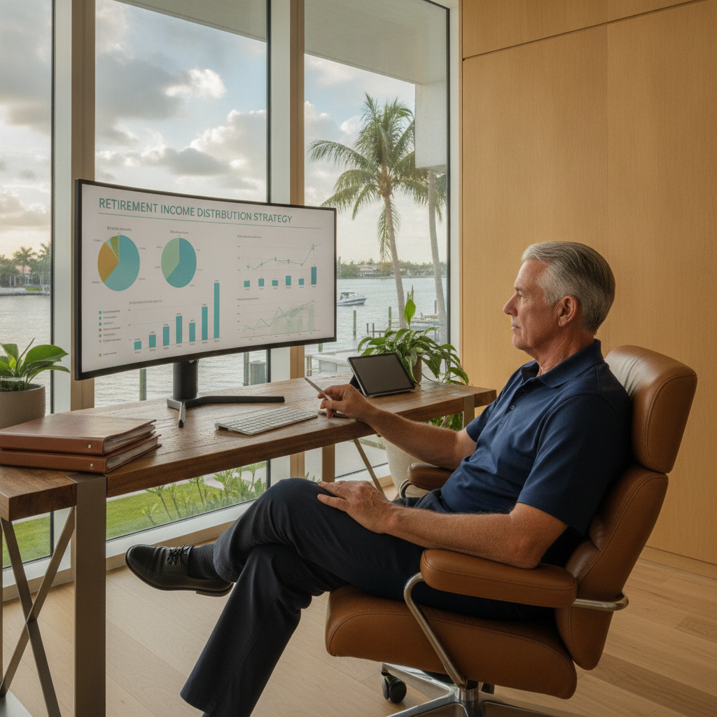 a confident retired executive reviewing financial charts on a large monitor in a modern home office overlooking a Florida waterway — retirement income distribution