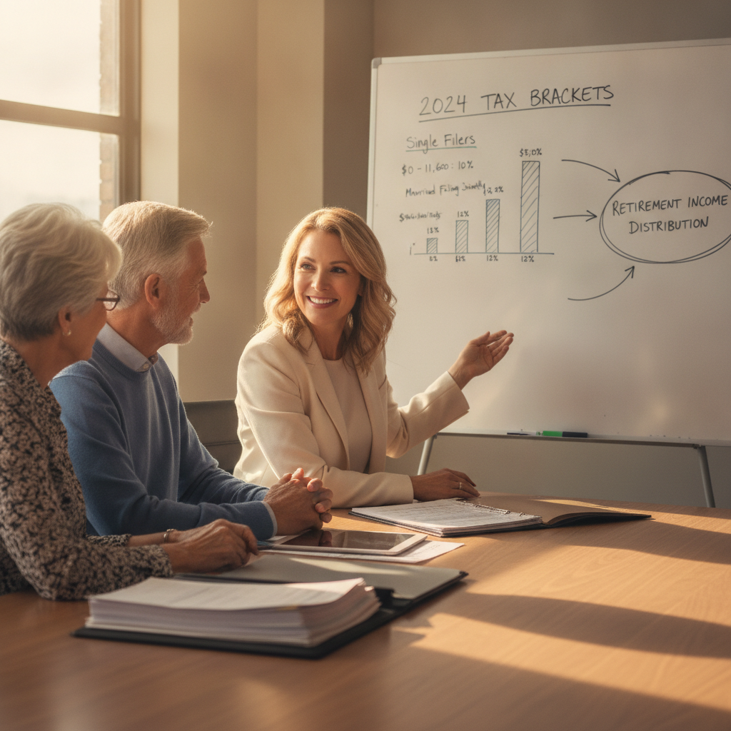 a financial advisor and retired couple seated at a conference table with layered account statements and a whiteboard showing tax bracket thresholds — retirement income distribution