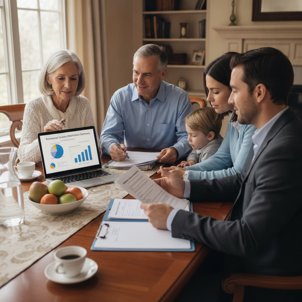 a multigenerational family at a well-appointed dining table with documents and a laptop open to an estate plan summary — retirement income distribution