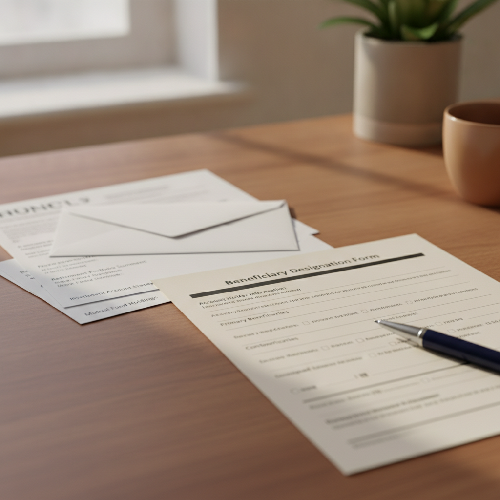 a close-up of a beneficiary designation form on a desk next to a pen and a stack of financial account statements — beneficiary designation