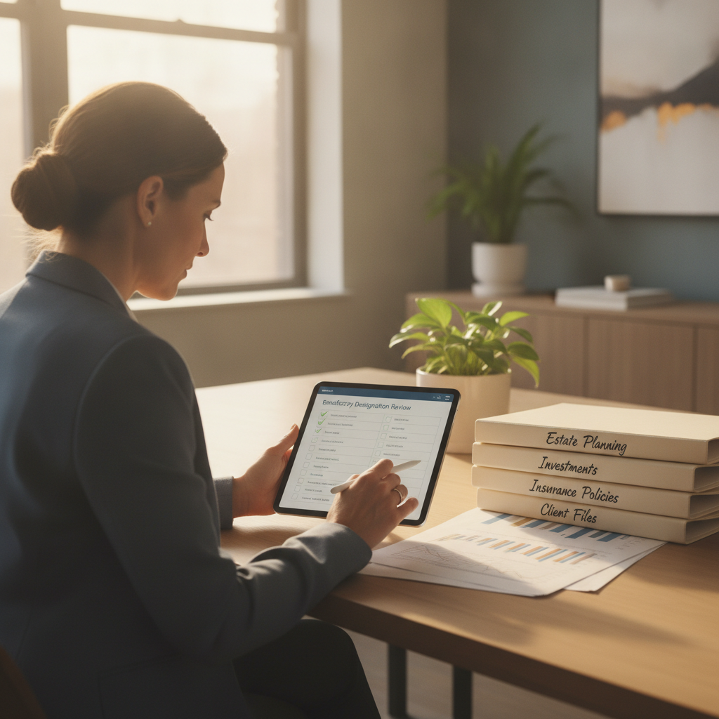 a professional reviewing a checklist on a tablet in a modern office with financial documents organized in folders on the desk — beneficiary designation