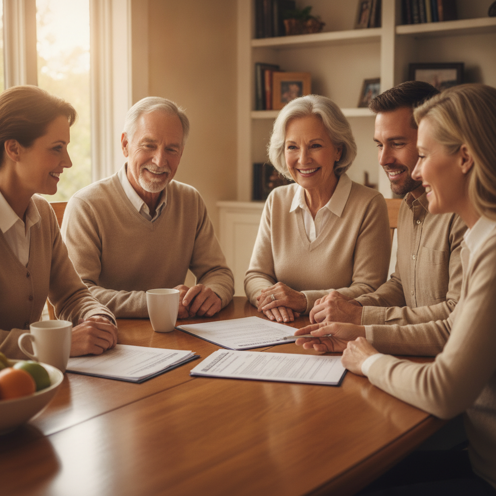 a multigenerational family — grandparents parents and adult children — sitting together at a dining table reviewing documents with an advisor — beneficiary designation