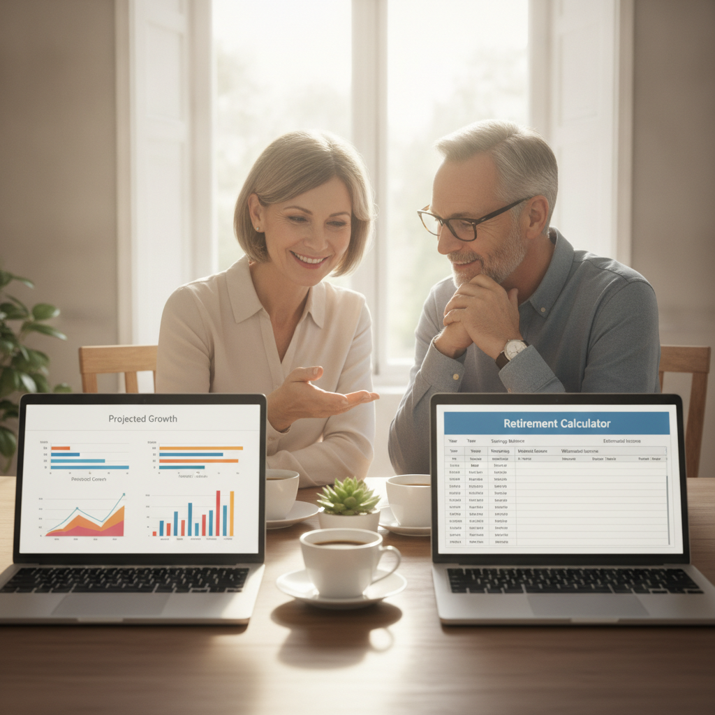 a couple in their late fifties sitting at a dining table with two laptops open showing financial charts and spreadsheets side by side — couple retirement calculator