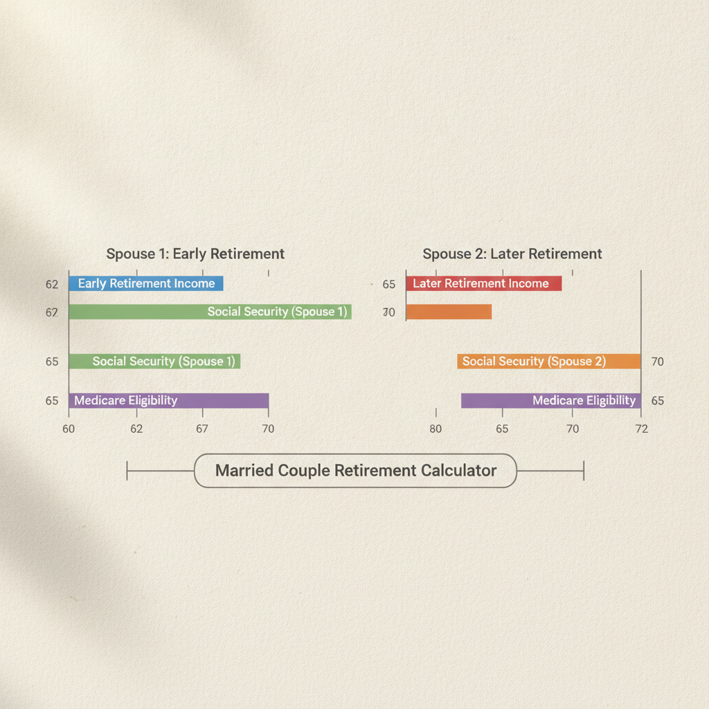 a side-by-side diagram showing two retirement income timelines for a married couple with different retirement dates Social Security ages and Medicare windows labeled — couple retirement calculator
