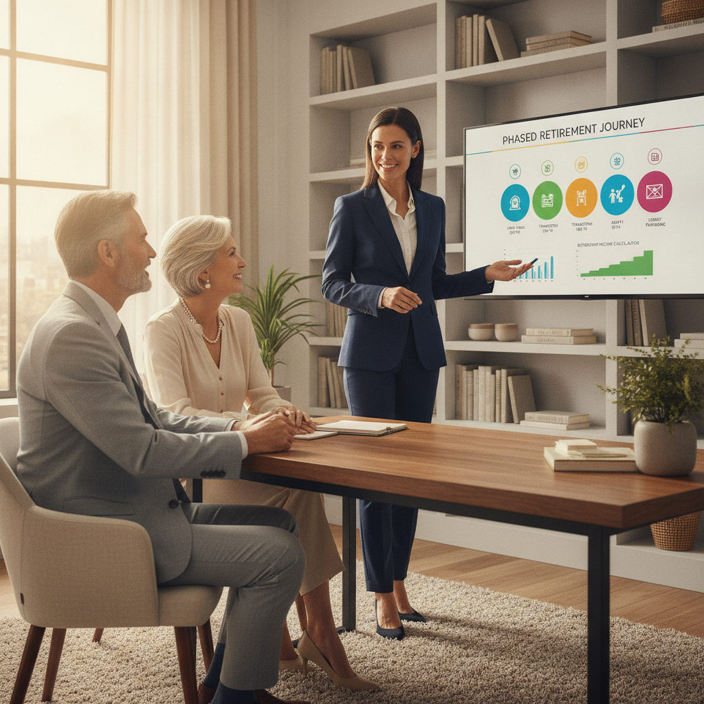 a financial planner presenting a phased retirement timeline on a large monitor to a well-dressed couple in a professional advisory office setting — couple retirement calculator