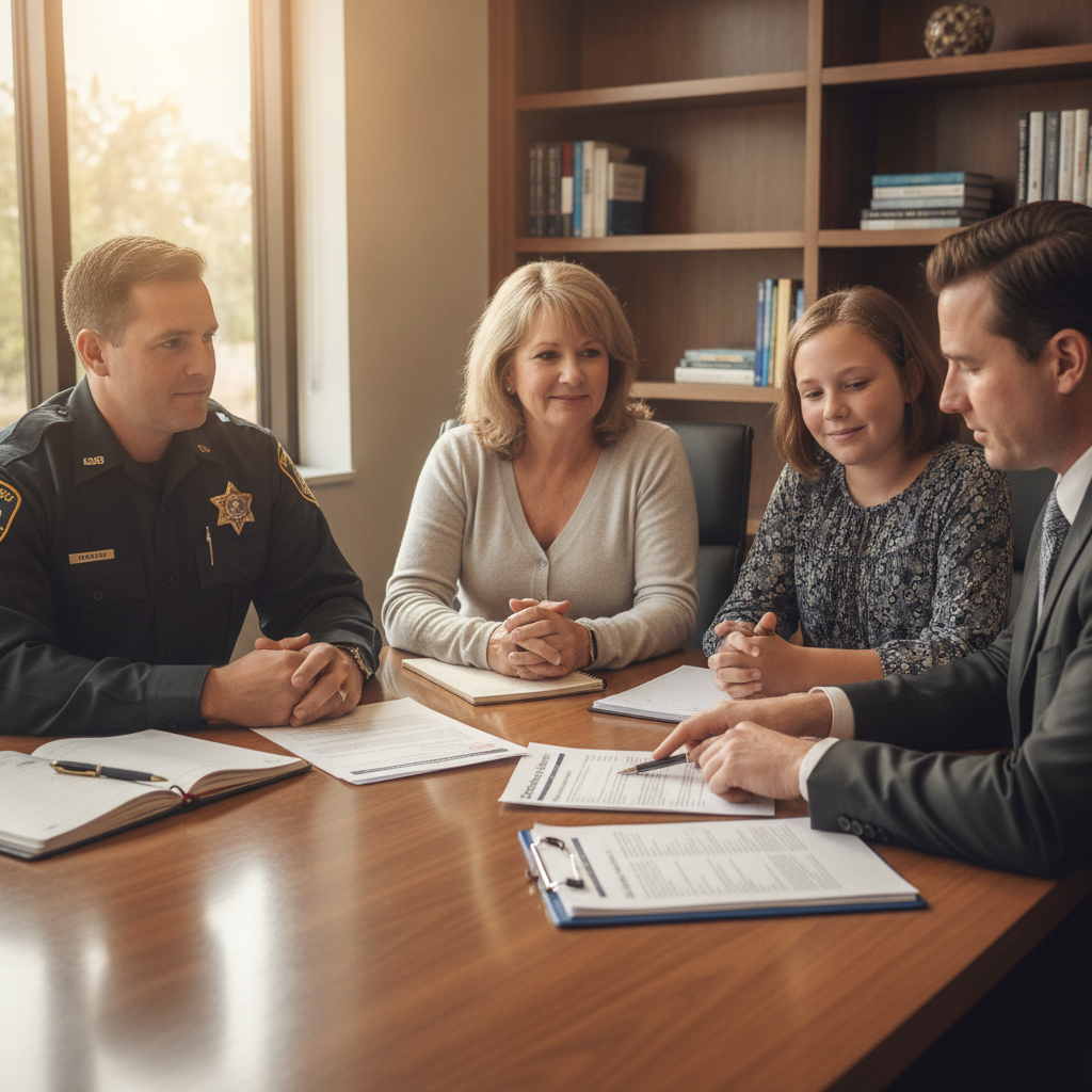 a Florida public safety officer and a teacher sitting across from a financial advisor reviewing DROP program documents at a conference table — books retirement
