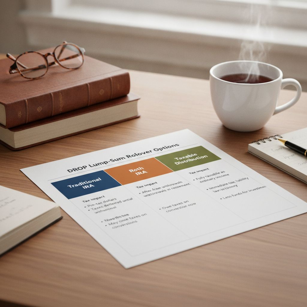 a chart comparing DROP lump-sum rollover options including traditional IRA Roth IRA and taxable distribution with tax impact illustrated — books retirement