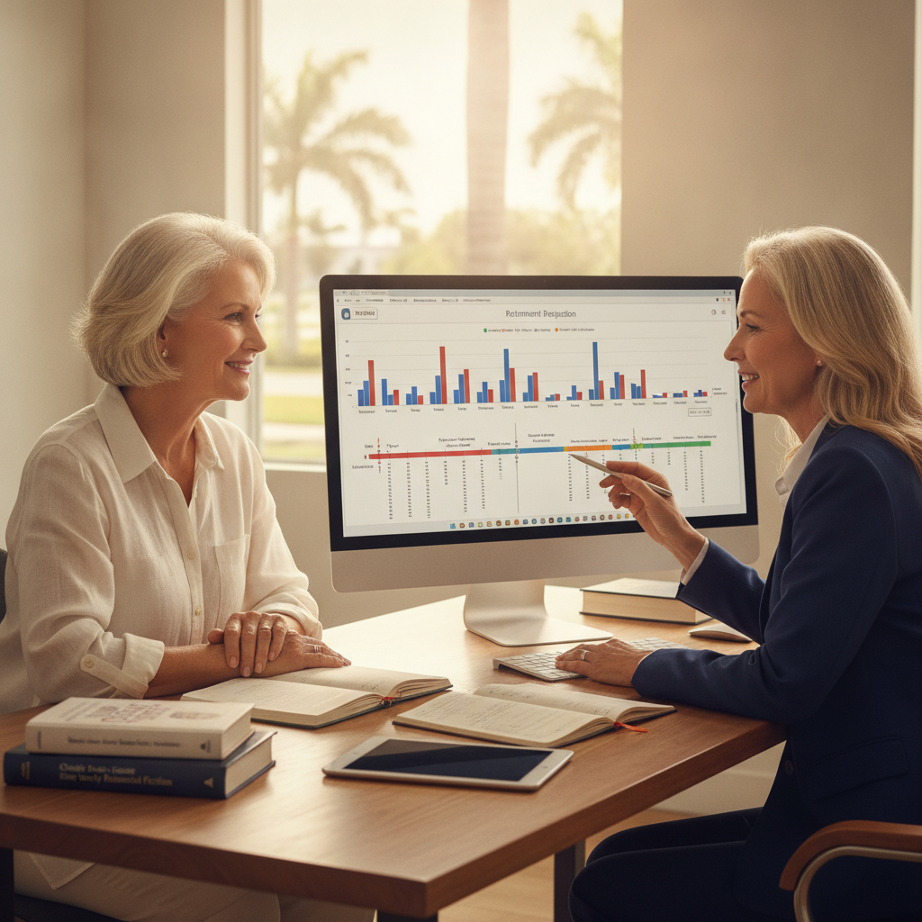 a senior public school administrator couple in Florida reviewing a retirement timeline projection on a large monitor with a financial planner — books retirement
