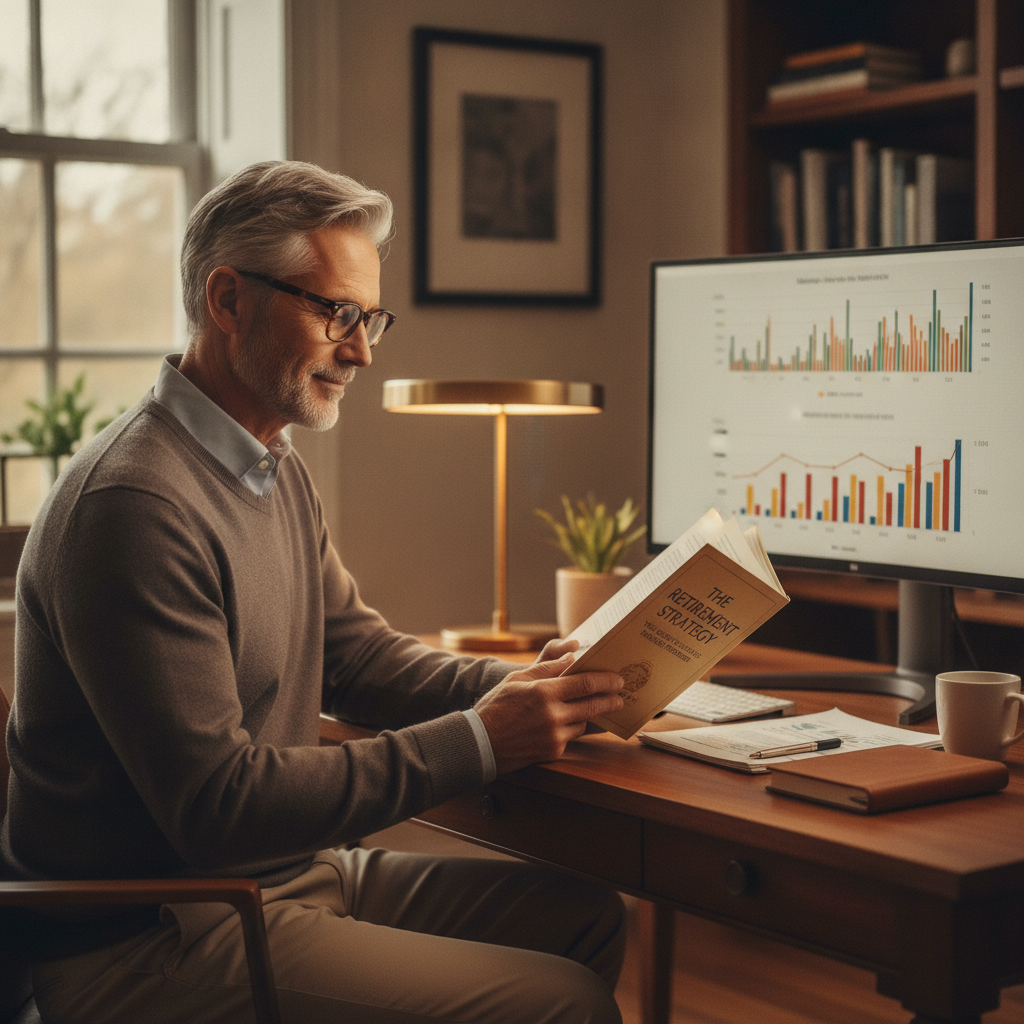 a professional pre-retiree reading a financial planning book at a home office desk with financial charts visible on a monitor in the background — book on retirement planning