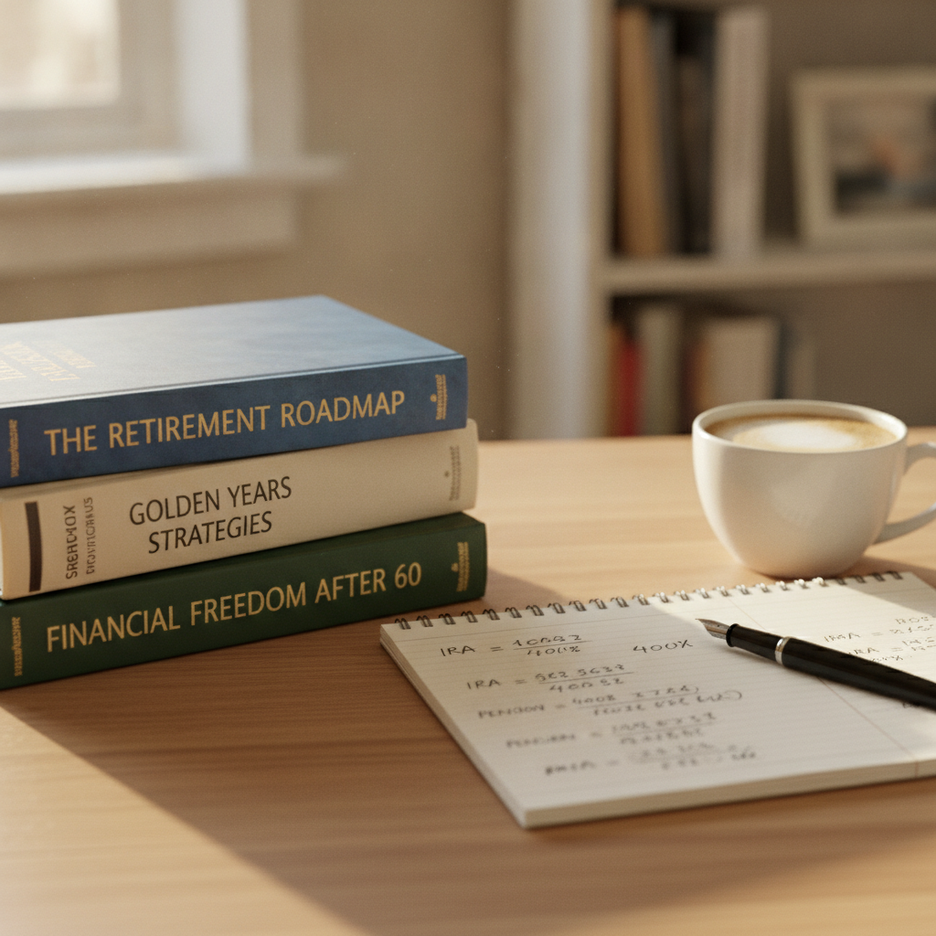 a stack of well-worn retirement planning books on a wooden desk next to a notepad with financial calculations and a cup of coffee — book on retirement planning