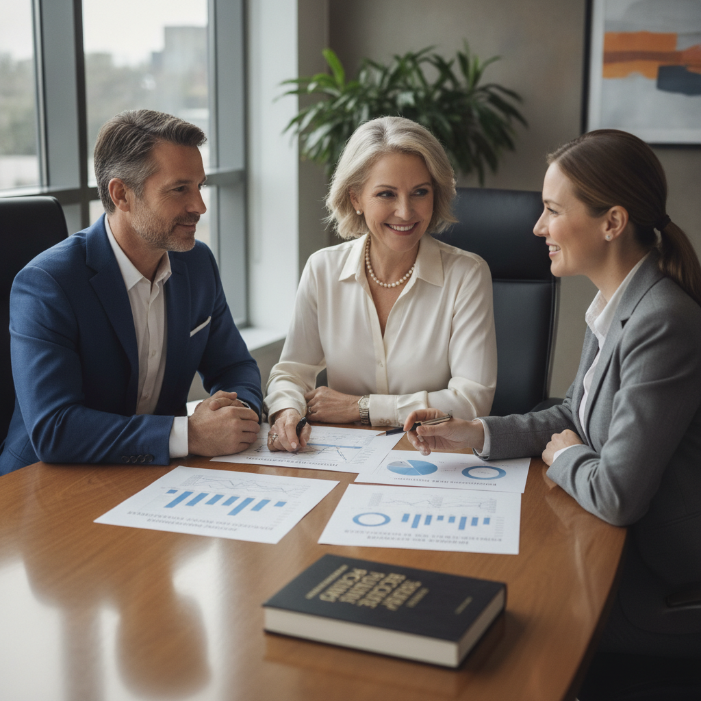 a well-dressed couple in their mid-50s sitting across from a financial advisor at a modern office table reviewing printed retirement income projections — book on retirement planning