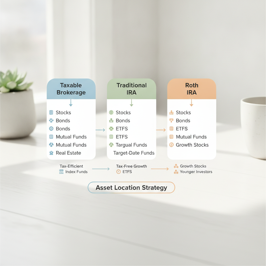 a clean infographic showing three account types (taxable brokerage, traditional IRA, Roth IRA) with arrows indicating which investment types belong in each, using a simple color-coded layout — asset location