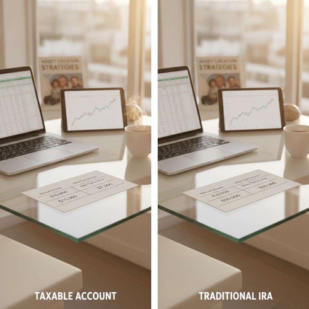 a split-screen comparison showing the same bond fund held in a taxable account versus a traditional IRA, with after-tax income numbers illustrating the difference in a clean table format — asset location