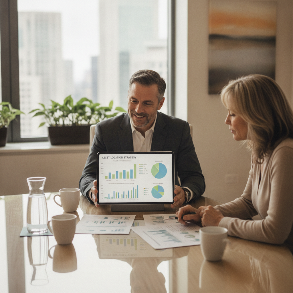 a professional financial advisor sitting with a client couple at a conference table in a modern office reviewing a multi-account portfolio summary with charts showing tax-efficient placement of investments — asset location