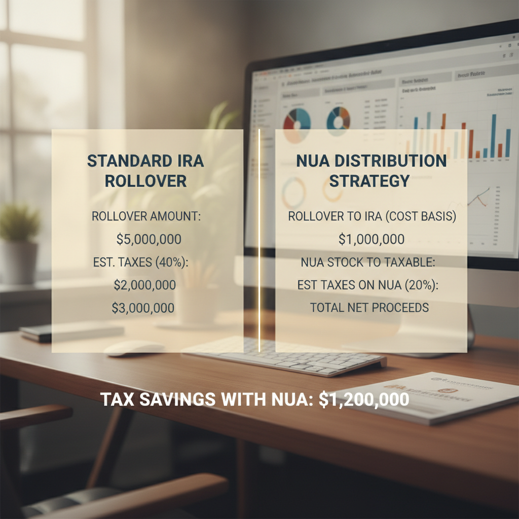 a split-screen diagram comparing two tax outcomes side by side with dollar amounts showing the difference between a standard IRA rollover and an NUA distribution strategy for a retiring executive