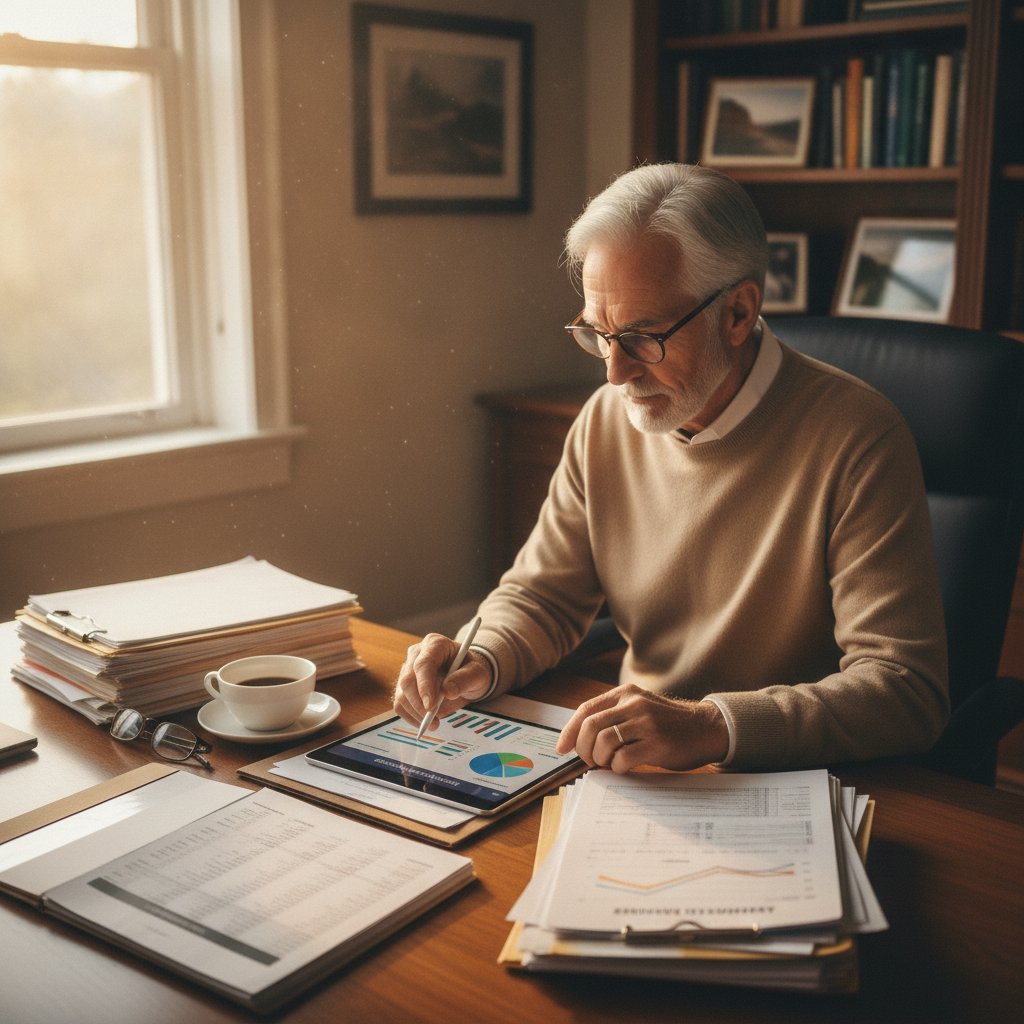 a retired executive reviewing company stock brokerage statements at a desk with financial documents and a tablet displaying a portfolio dashboard