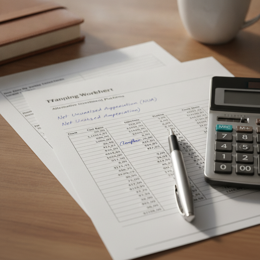a close-up of a tax planning worksheet showing cost basis figures company stock value and NUA calculations with a pen and calculator beside it