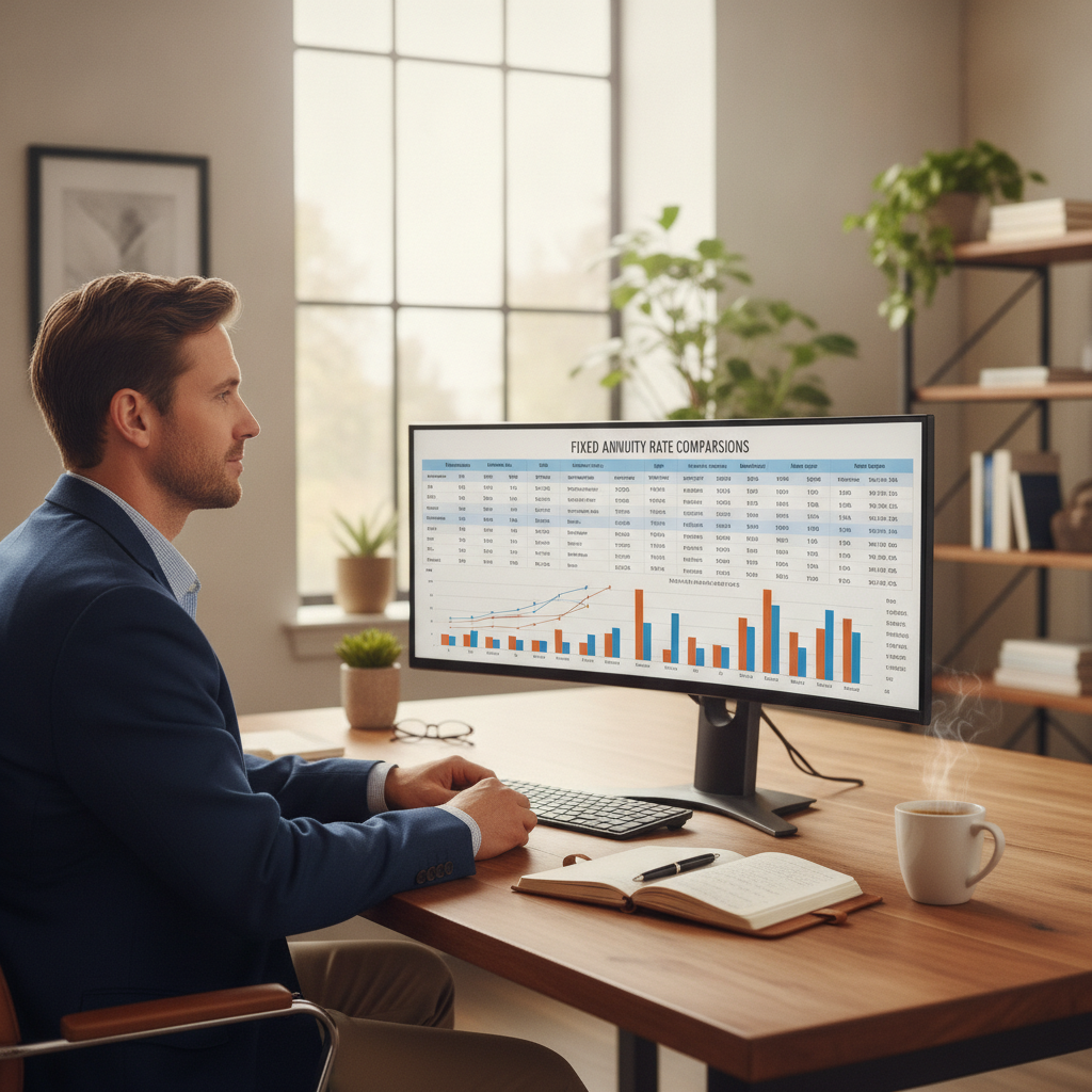 a calm professional workspace with a financial planner reviewing annuity rate comparison charts on a large monitor, with a pen and notepad beside a cup of coffee — are fixed annuities a good investment