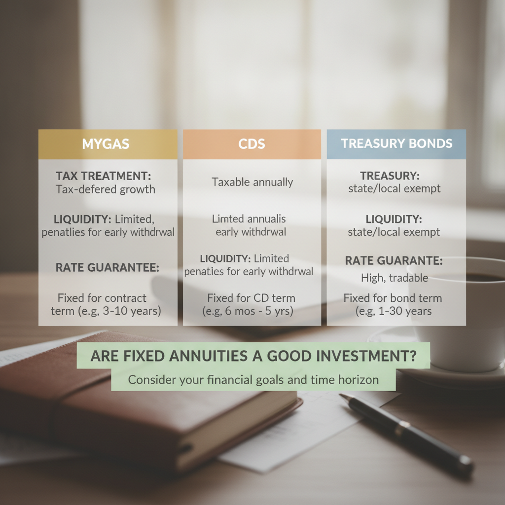 a side-by-side infographic comparing key features of MYGAs versus CDs versus Treasury bonds including tax treatment liquidity and rate guarantee fields — are fixed annuities a good investment