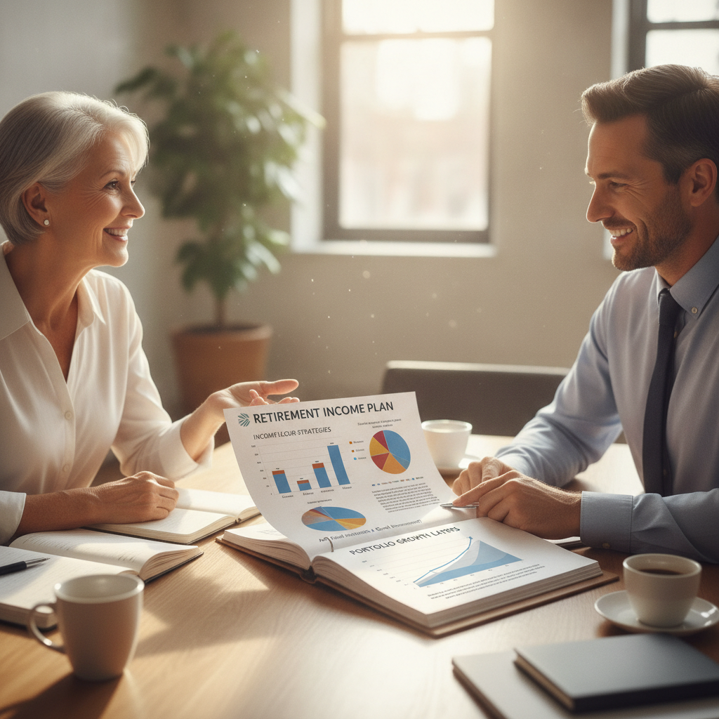 a confident retiree couple sitting with a financial advisor at a conference table reviewing a multi-page retirement income plan with charts showing income floor and portfolio growth layers — are fixed annuities a good investment