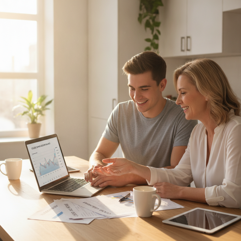 a parent and young adult child sitting at a kitchen table reviewing college savings documents and a laptop showing account balances — 529 to roth ira rollover