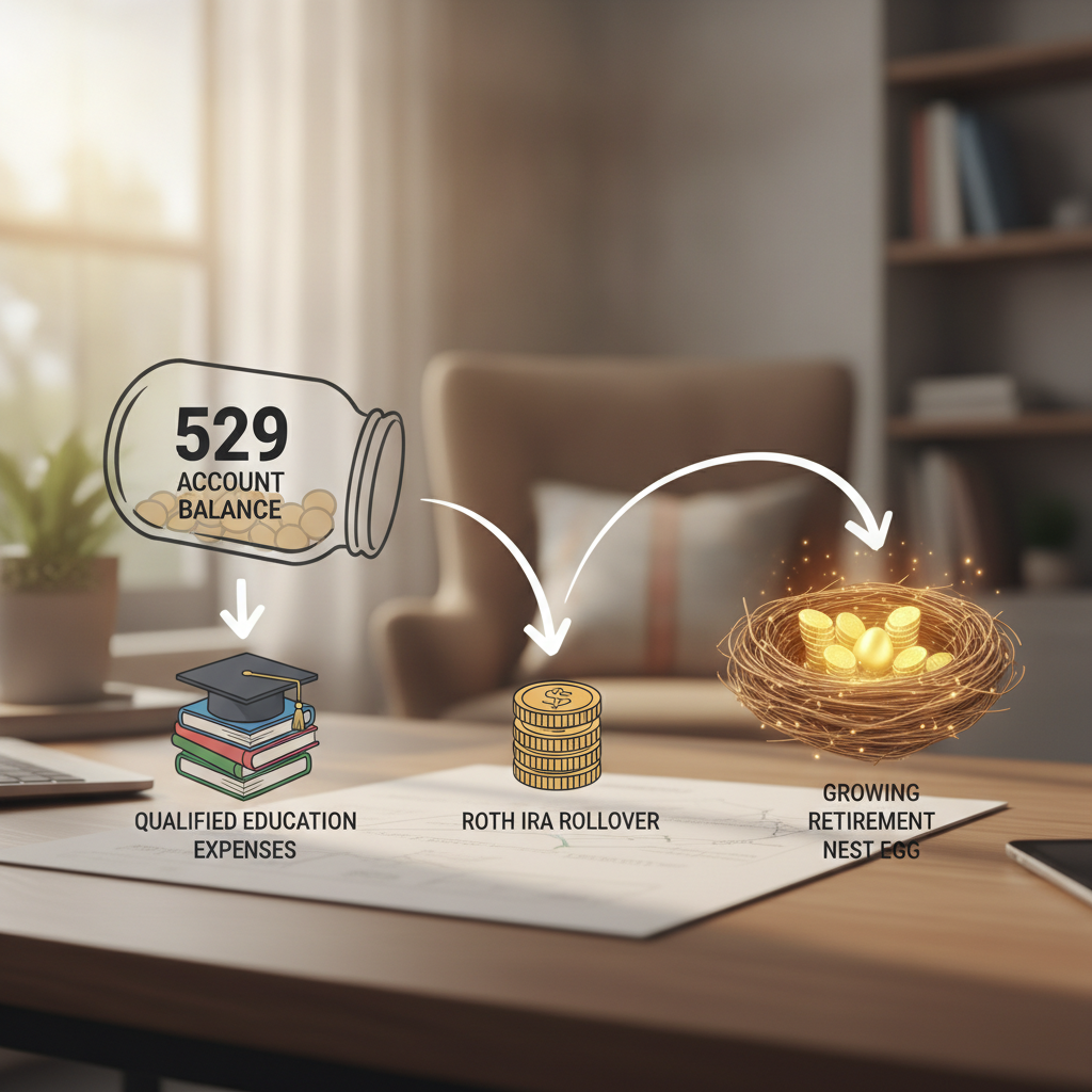a visual comparison chart showing a 529 account balance being divided into education expenses and a Roth IRA rollover arrow pointing toward a growing retirement nest egg — 529 to roth ira rollover