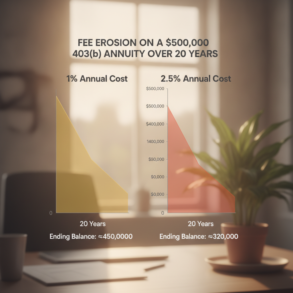 a side-by-side visual comparison chart showing the fee erosion effect on a 500000 dollar retirement account over 20 years at 1 percent versus 2.5 percent annual cost — 403 b annuity