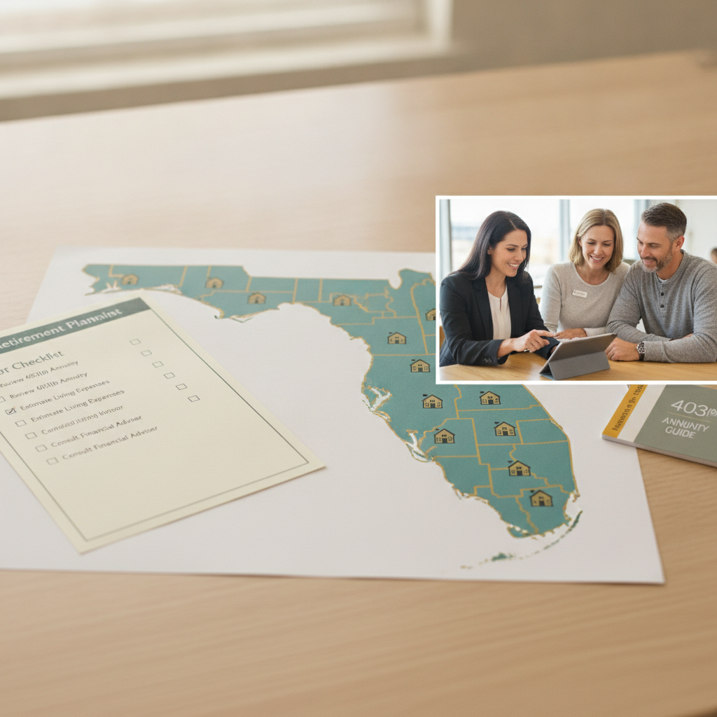 a map of Florida with icons representing school districts alongside images of a retirement planning checklist and a financial advisor meeting with an educator couple — 403 b annuity