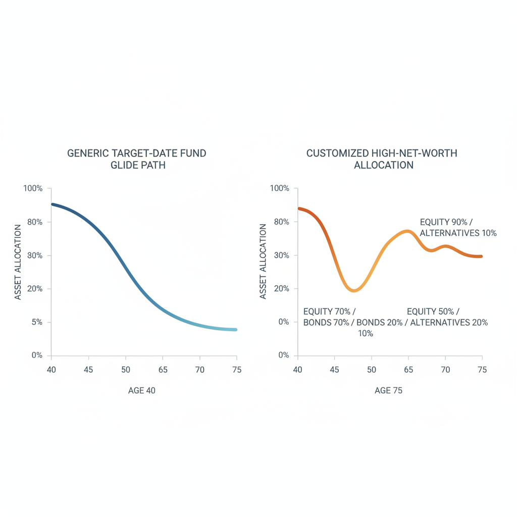 a clean split-screen chart showing a generic target-date fund glide path versus a customized high-net-worth allocation shift across ages 40 to 75 — balanced portfolio by age