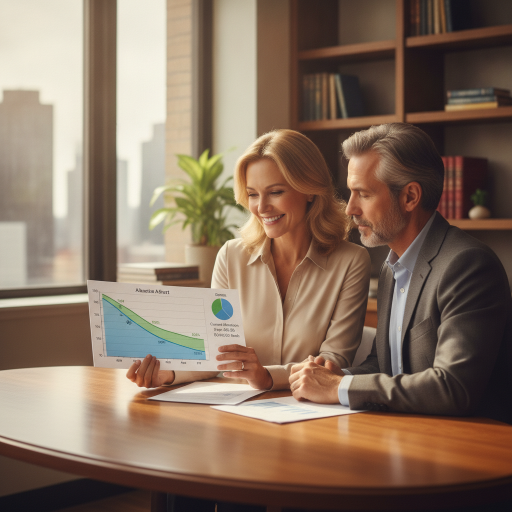a financial advisor sitting across from a successful couple in their 50s reviewing a detailed allocation chart showing equity-to-bond shift across different retirement ages — balanced portfolio by age