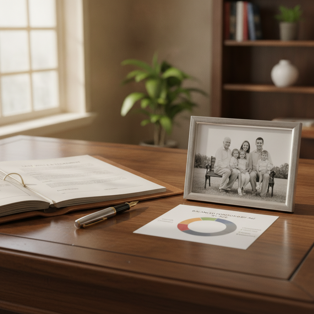 an estate planning document and a pen resting beside a family photo suggesting multi-generational wealth planning in a professional setting — balanced portfolio by age