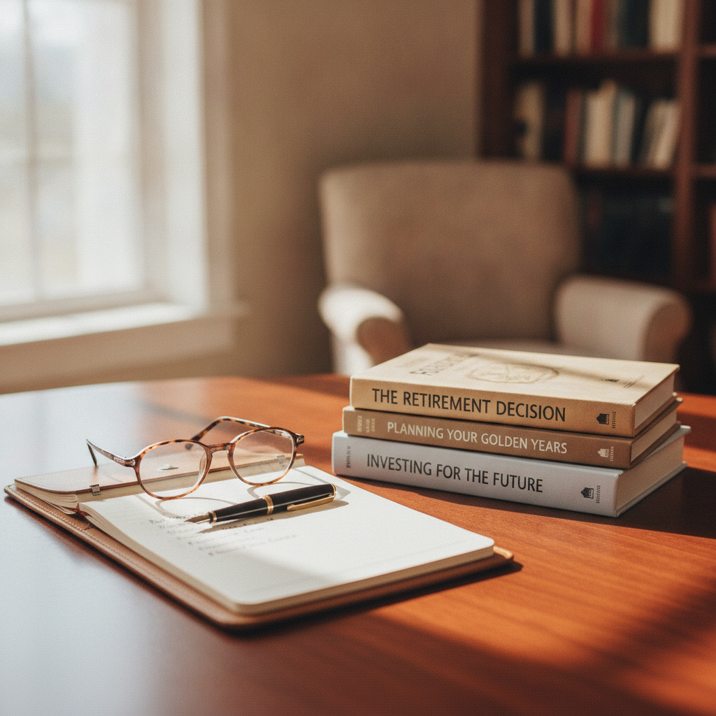 a stack of financial planning books on a mahogany desk beside reading glasses and a notepad with handwritten retirement notes — books on retirement