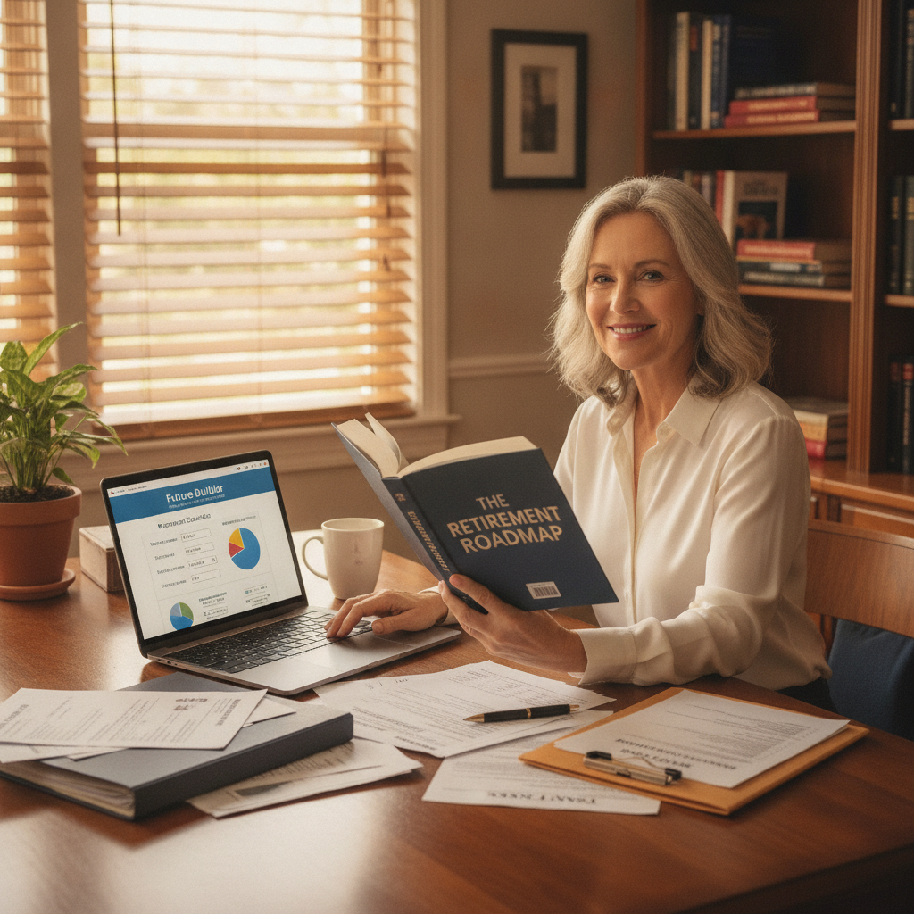 a pre-retiree sitting at a home office desk reading a financial book with tax documents and a laptop open to a retirement planning calculator — books on retirement