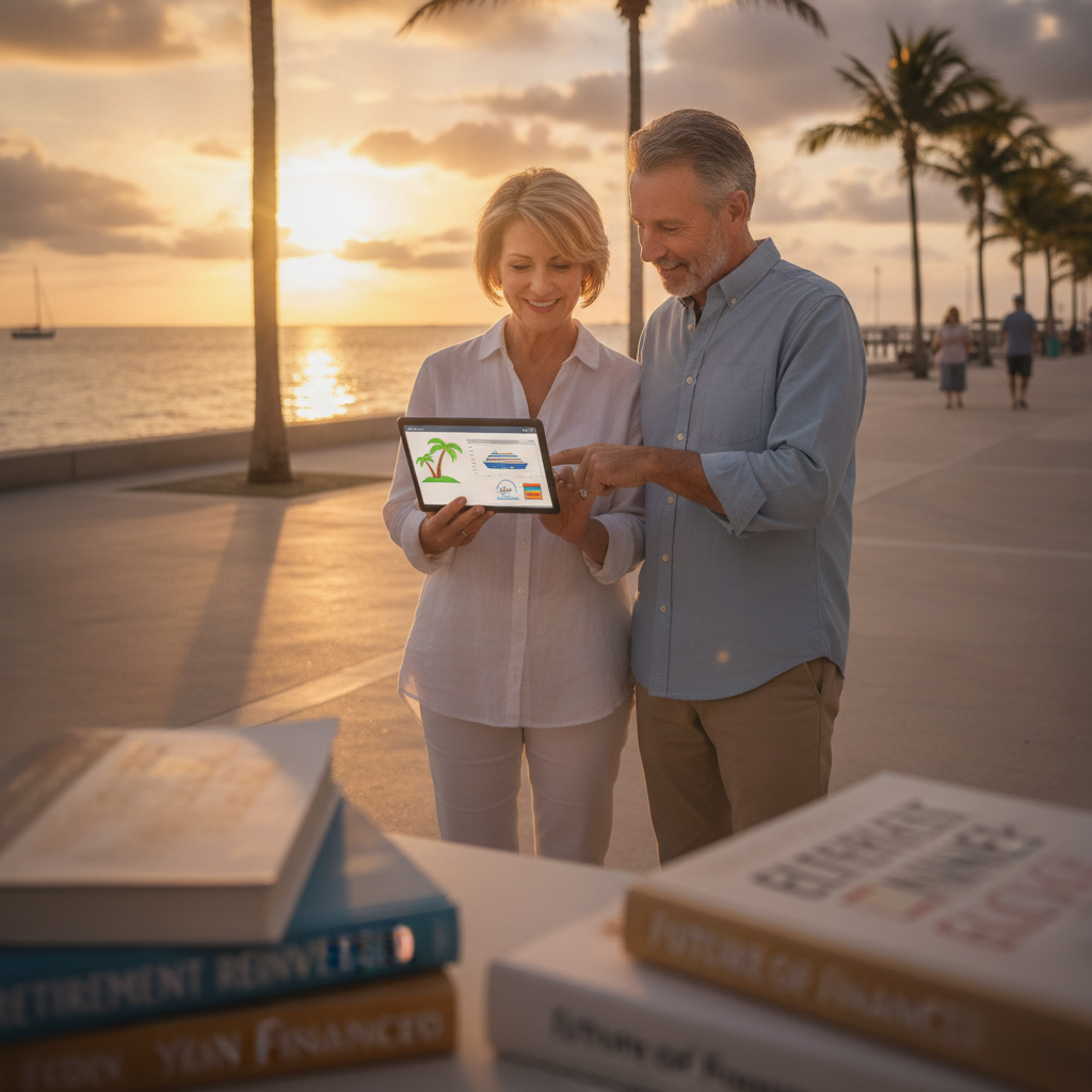 a couple in their late 50s walking along a Florida waterfront at sunset reviewing notes on a tablet representing their retirement lifestyle planning — books on retirement