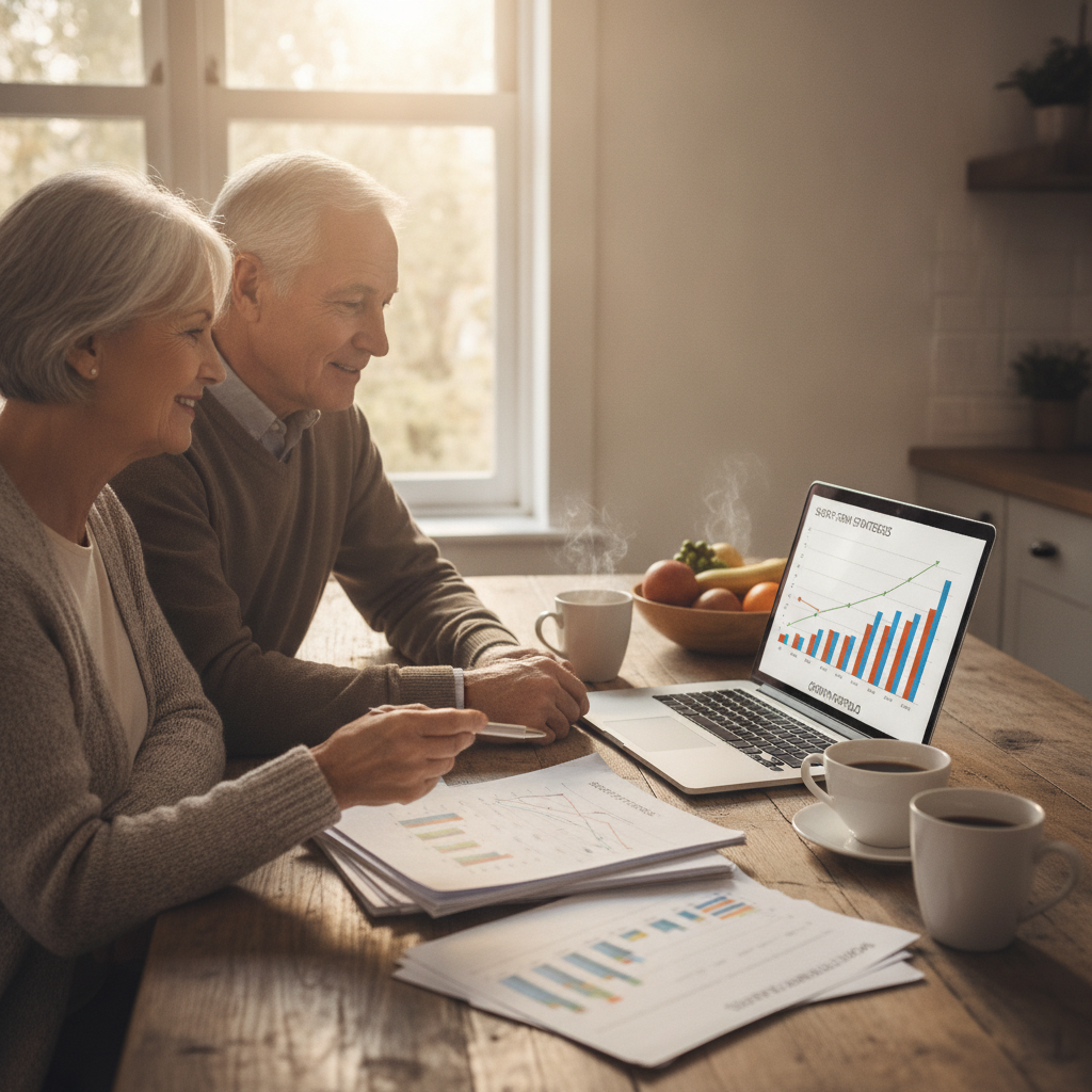 a retiree couple sitting at a kitchen table reviewing financial documents and a laptop with visible investment charts on the screen — best ways to invest money short term
