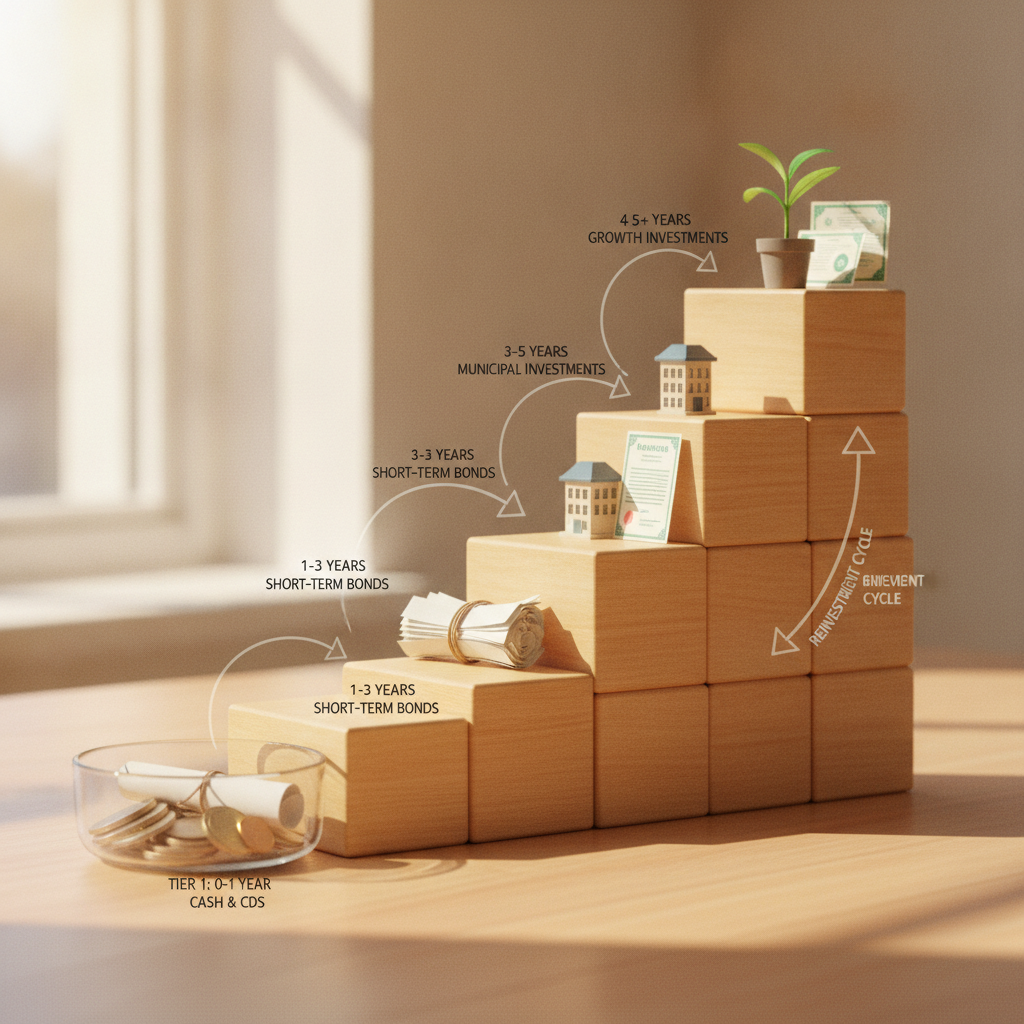 an infographic-style diagram showing four ascending tiers of a cash ladder labeled with time horizons and investment types, illustrating how liquidity flows between tiers — best ways to invest money short term