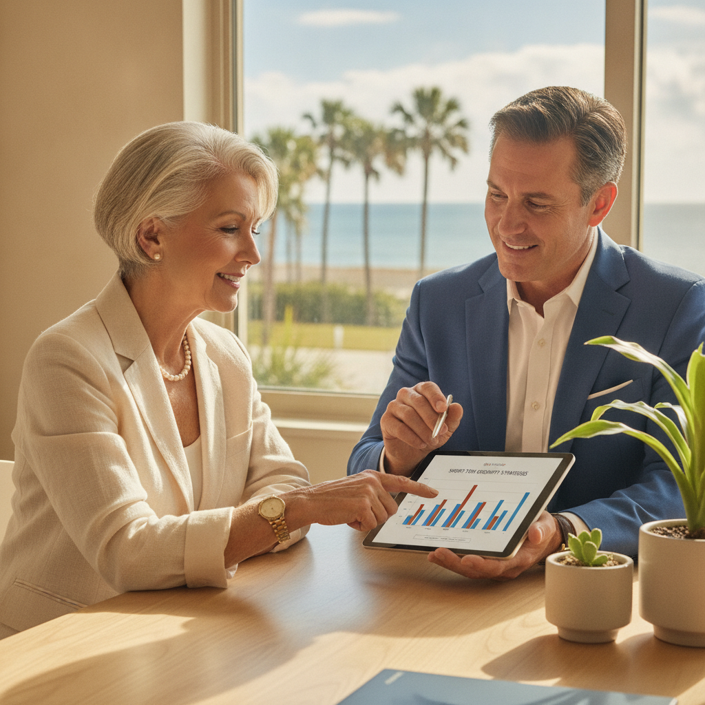 a confident retired professional reviewing a tablet screen with a fee-based financial advisor at a modern office desk with Stuart Florida coastal imagery visible through the window — best ways to invest money short term
