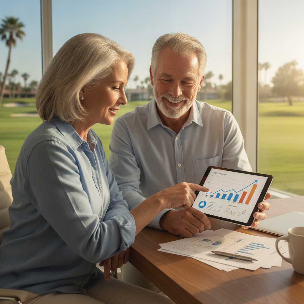 a confident retiree couple reviewing income charts on a tablet at a bright modern home office with a golf course visible through the window — cashflow investment